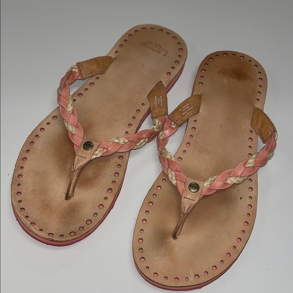 UGG Pink / Coral and Tan Braided Sandals Size 9